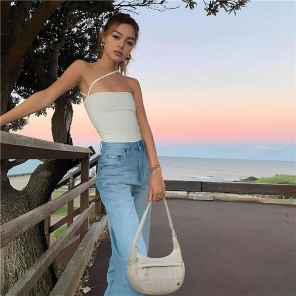 Quilted Nylon Crescent Shoulder Bag Women Small Puffer Triple Zip Travel - Picture 2 of 7